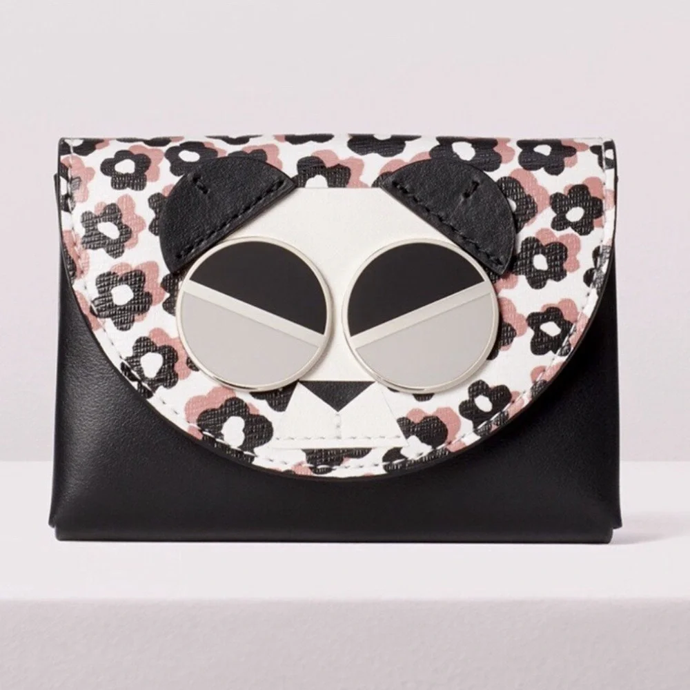 Kate Spade Spademals Gentle Panda Black Leather Cardholder Wallet Case Leather